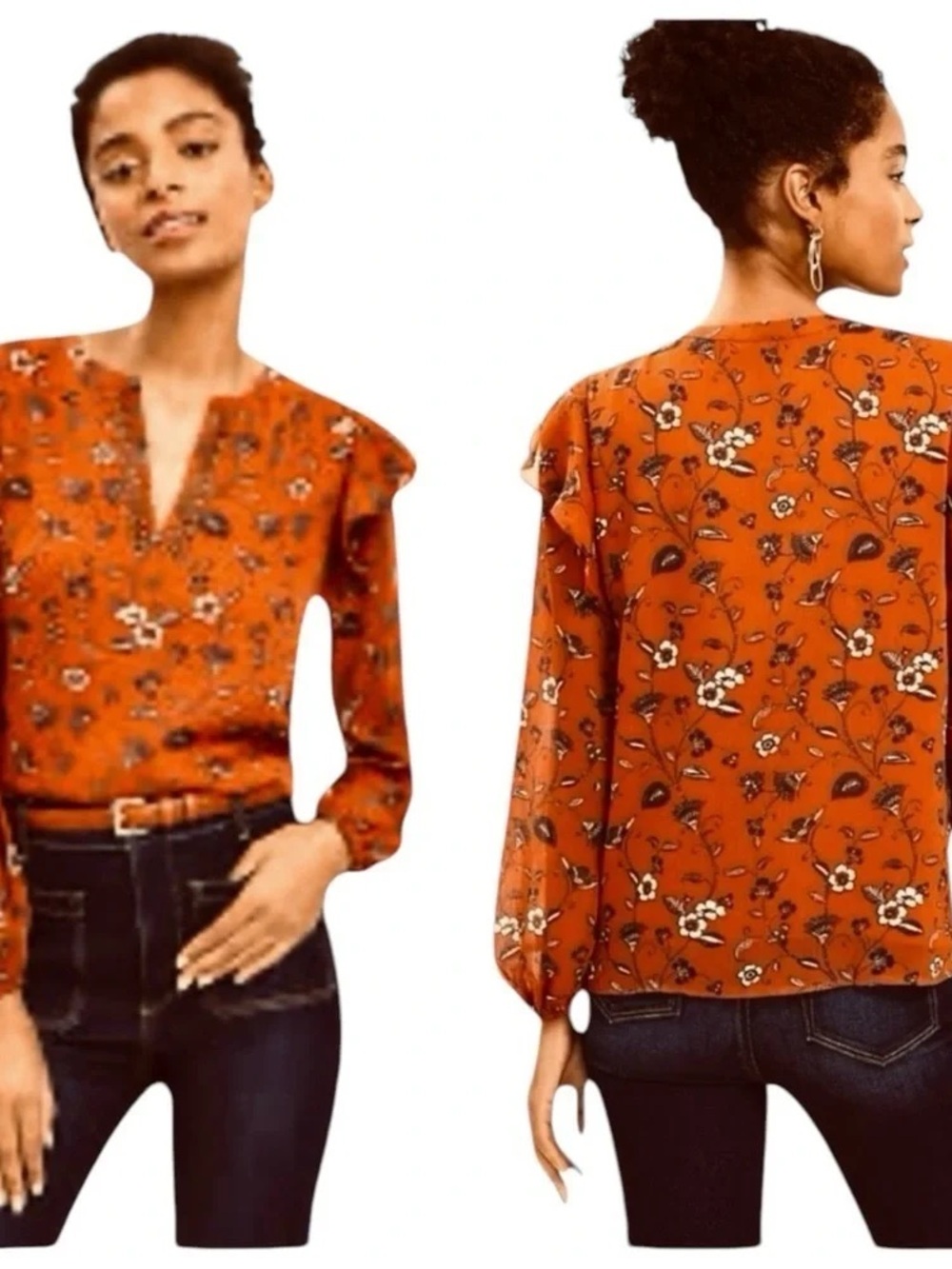LOFT Fall Floral Rust  V-Neck Ruffle Long-Sleeve Blouse M